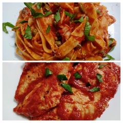 A picture of Pappardelle and chicken with tomato, garlic, and capers.