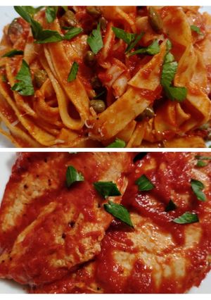 A picture of Pappardelle and chicken with tomato, garlic, and capers.
