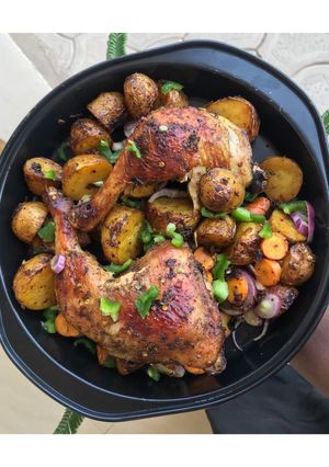 A picture of Oven-grilled Chicken and Potato.