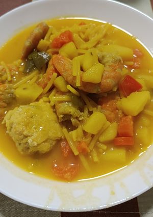 A picture of Vegetable and Shrimp Soup with Hake Meatballs.