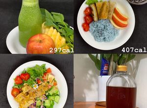 Hình của món Eat clean - D18: Sinh tố bó xôi - Chả giò chay - Salad trứng chiên.