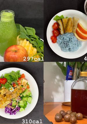 Hình của món Eat clean - D18: Sinh tố bó xôi - Chả giò chay - Salad trứng chiên.