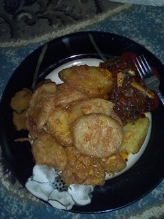 A picture of Sweet potato and egg with fish sauce.