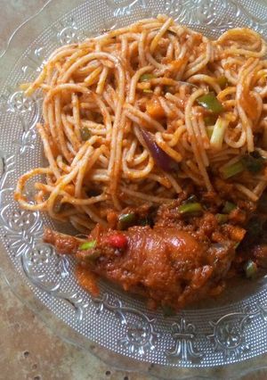 A picture of Spaghetti and chicken.