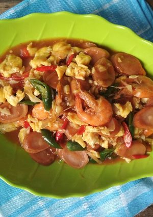 Foto resep Udang, sosis, telur saus tiram