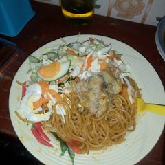 A picture of Spagetti with chicken and salad.
