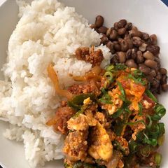 A picture of Egg sauce with rice and beans.