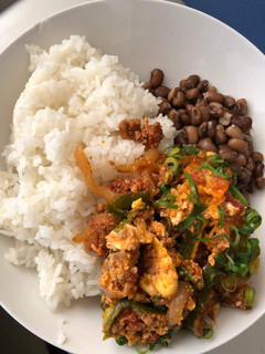 A picture of Egg sauce with rice and beans.
