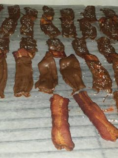 A picture of Chocolate covered bacon .