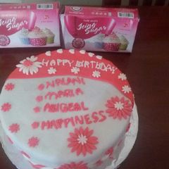 A picture of Vanilla cake with fondant icing.