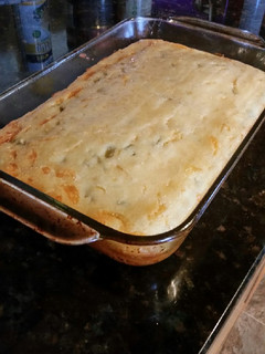 A picture of Brad's cornbread with cheddar, green chile, and honey.