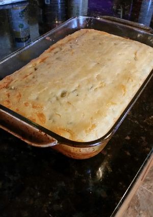A picture of Brad's cornbread with cheddar, green chile, and honey.