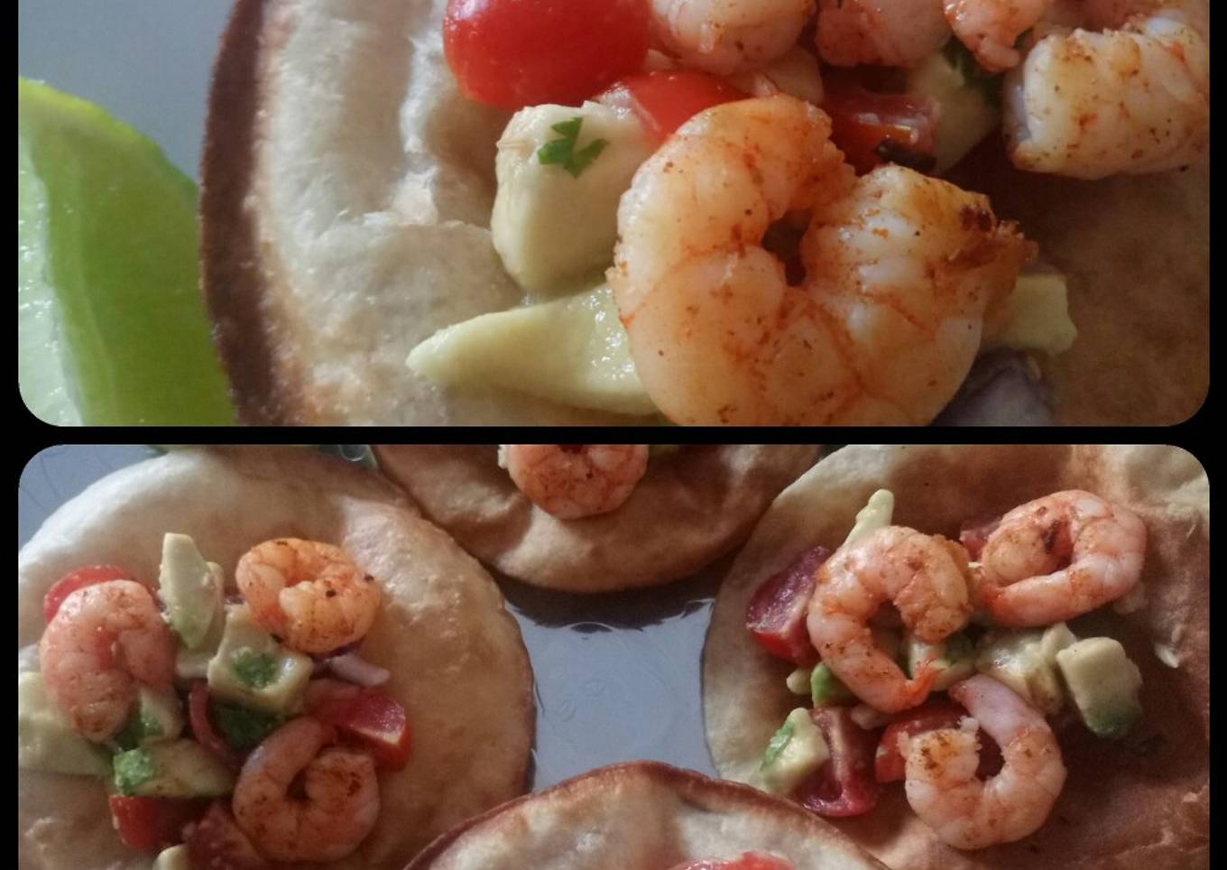 Fried Tortilla baskets with guacamole and prawns