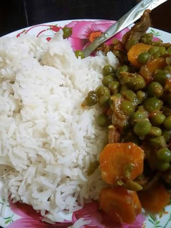 A picture of Beef stew and rice.