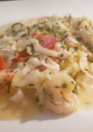 A picture of Seafood zucchini pasta w/fresh creamy sauce.