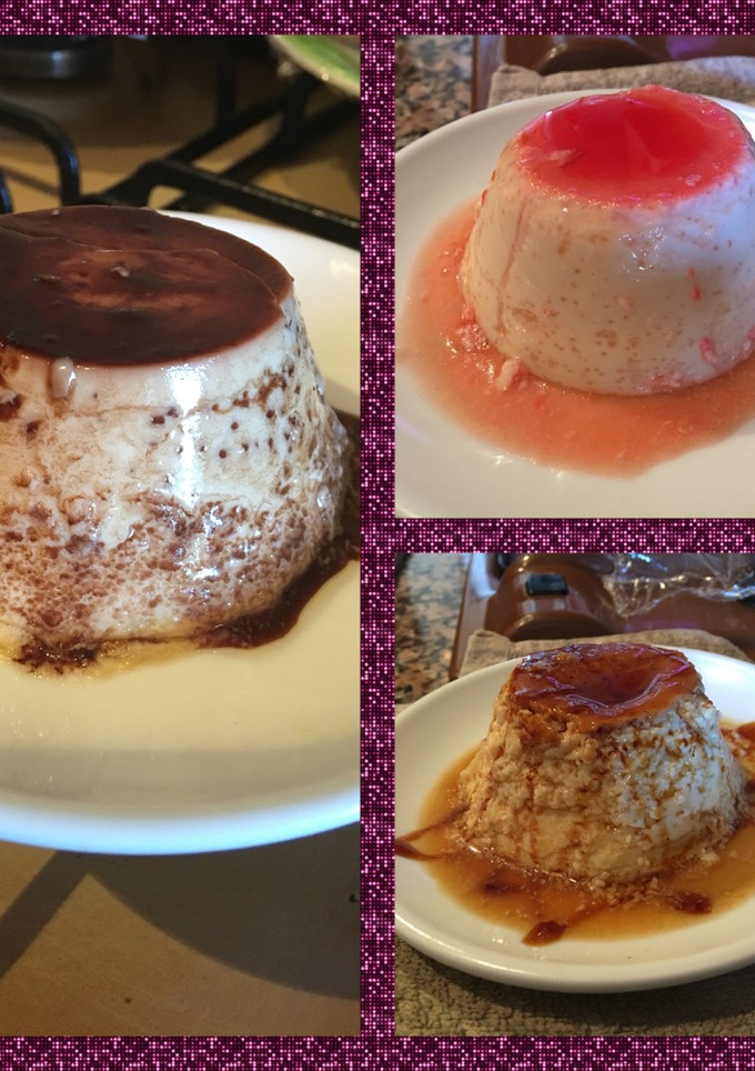 Una foto de Flan de chocolate blanco con tres siropes