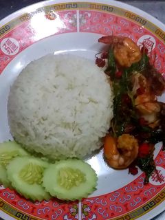 รูปของ กุ้งผัดใบกระเพราราดหน้าข้าว