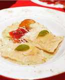 Serrano Ham Ravioli with Herb Cream on Cauliflower Puree