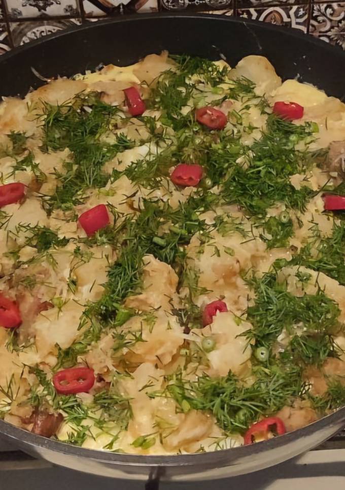 Картопля смажена з ковбасою, грибами та яйцями😋