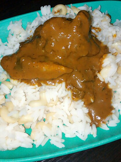 A picture of Rice and macaroni with banga soup.