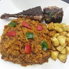 A picture of Porriage beans with fried sweet potatoes.
