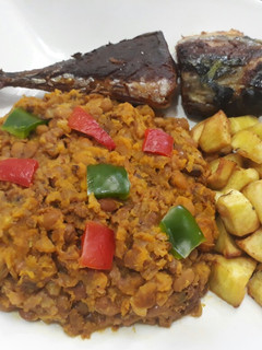 A picture of Porriage beans with fried sweet potatoes.