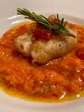 Trancetto di palombo con guanciale norcino e crema di peperoni