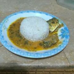 A picture of Fish gravy with Boil Rice.