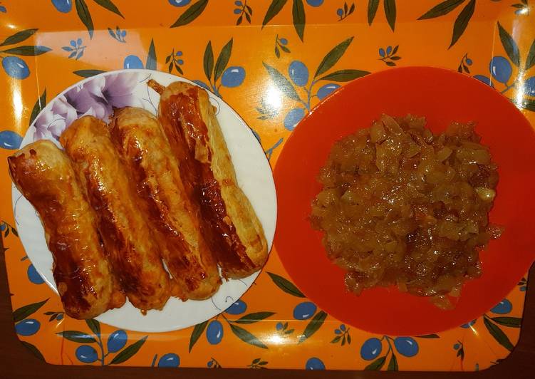 Puff pastry hot dogs with caramelized onions