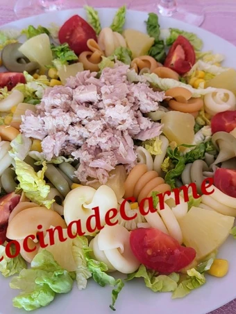 Pasos sencillos para Preparar Ensalada de pasta con piña, atún y más ingredientes  que Delicioso