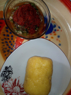 A picture of Eba and Oiless Okra soup with left over stew.