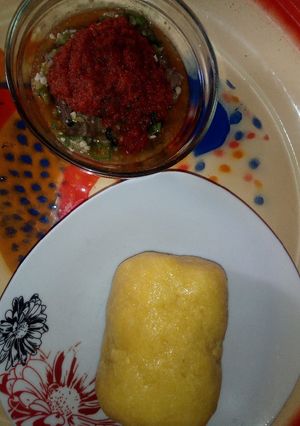 A picture of Eba and Oiless Okra soup with left over stew.