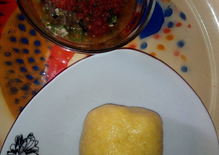 Eba and Oiless Okra soup with left over stew
