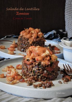 Une photo de Salade de lentilles, écrevisses et crème de tomates
