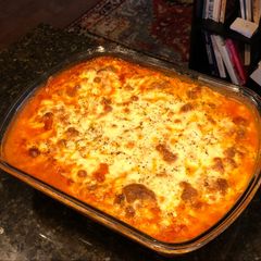 A picture of Baked Fettuccine with Meat Sauce and Tons-O-Mozzarella.