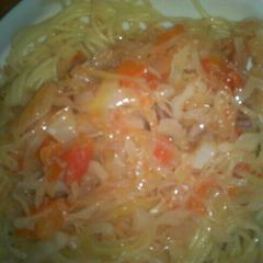 Fried cabbage and spaghetti A picture of Fried cabbage and spaghetti.