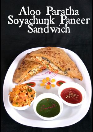 A picture of Aloo Paratha Soyachunk Paneer Sandwich.
