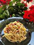 Linguine with Avocado Pesto, Speck, and Walnuts