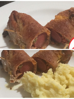 Una foto de Niños envueltos de cerdo, con salchicha al horno y puré de papas