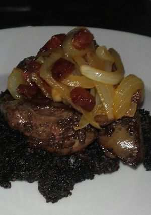 A picture of Chicken Liver, Chorizo, Sweated Red Onion with Black Pudding.