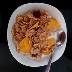 A picture of My Bran flakes with Dried Fruit and fresh sliced Mango 😍.