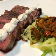 A picture of Pan Seared NY Strip with Zucchini Pesto.