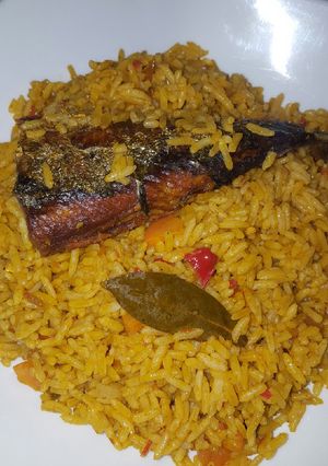 A picture of Jollof rice for lunch.