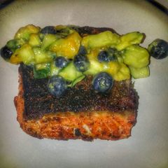 A picture of Chili Salmon with Mango Cucumber Salsa.