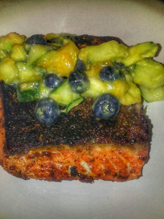 A picture of Chili Salmon with Mango Cucumber Salsa.