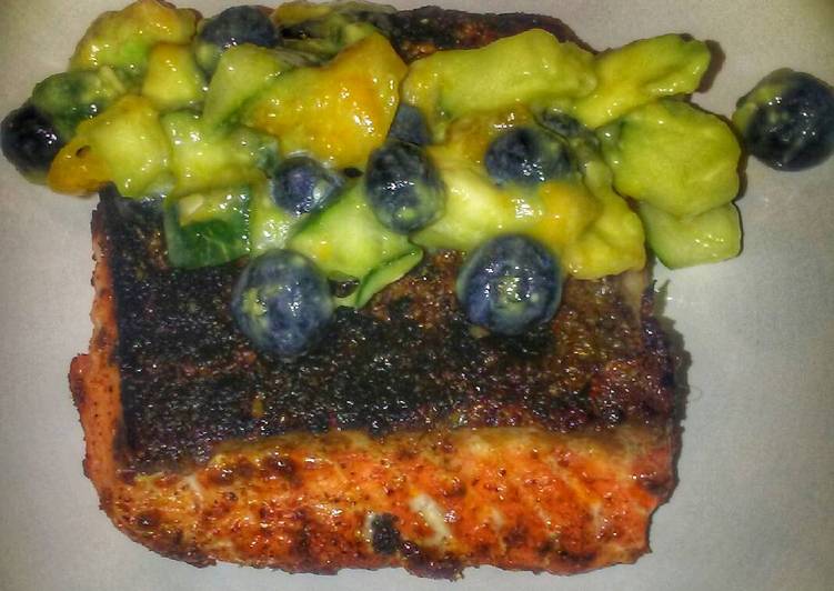 Simple Way to Prepare Speedy Chili Salmon with Mango Cucumber Salsa