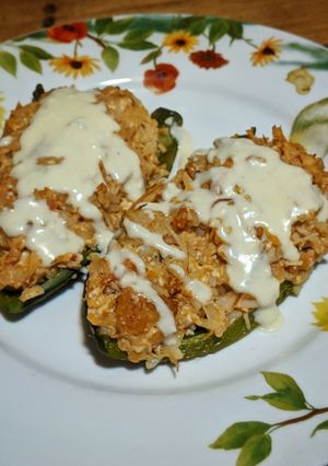 A picture of Roasted Poblano Peppers with Chicken & Queso Cheese Sauce.