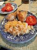 Coxinha e perninha de frango com arroz no forno