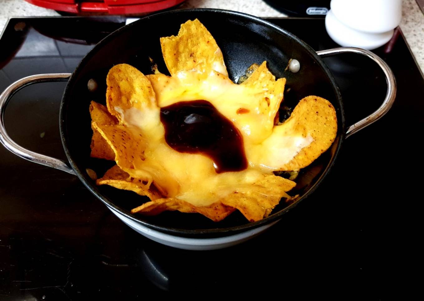 My Cheeky Nancho,s with Cheese also a blob of whisky BBQ sauce😋