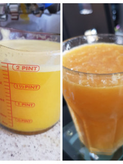 A picture of My 2 Fresh Orange juices smooth & With bits. ❤.
